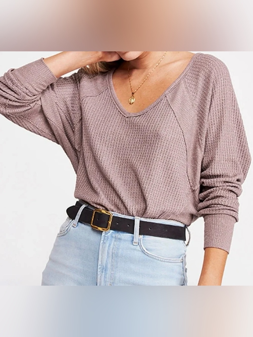 We The Free Relaxed V-Neck Waffle Knit Oversized Top - Mauve